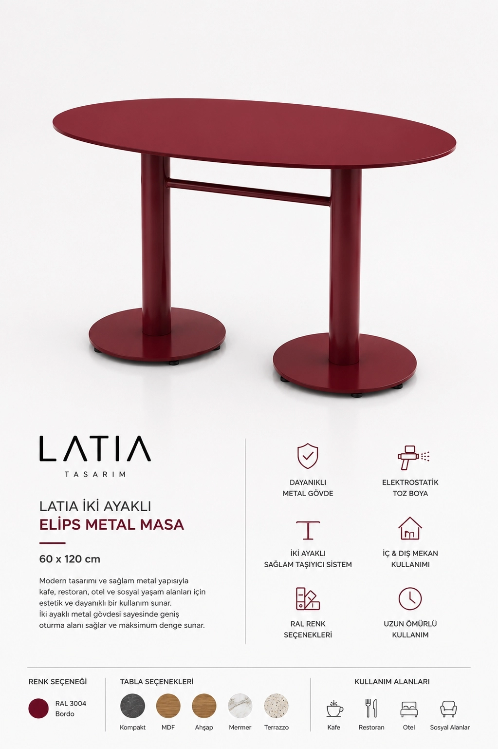 LATIA Elips İki Ayaklı Metal Masa 60×120 cm