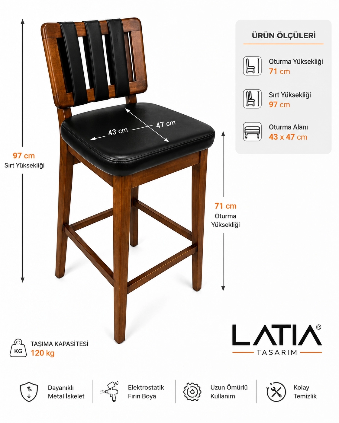 LATIA Verona Ahşap Bar Sandalyesi
